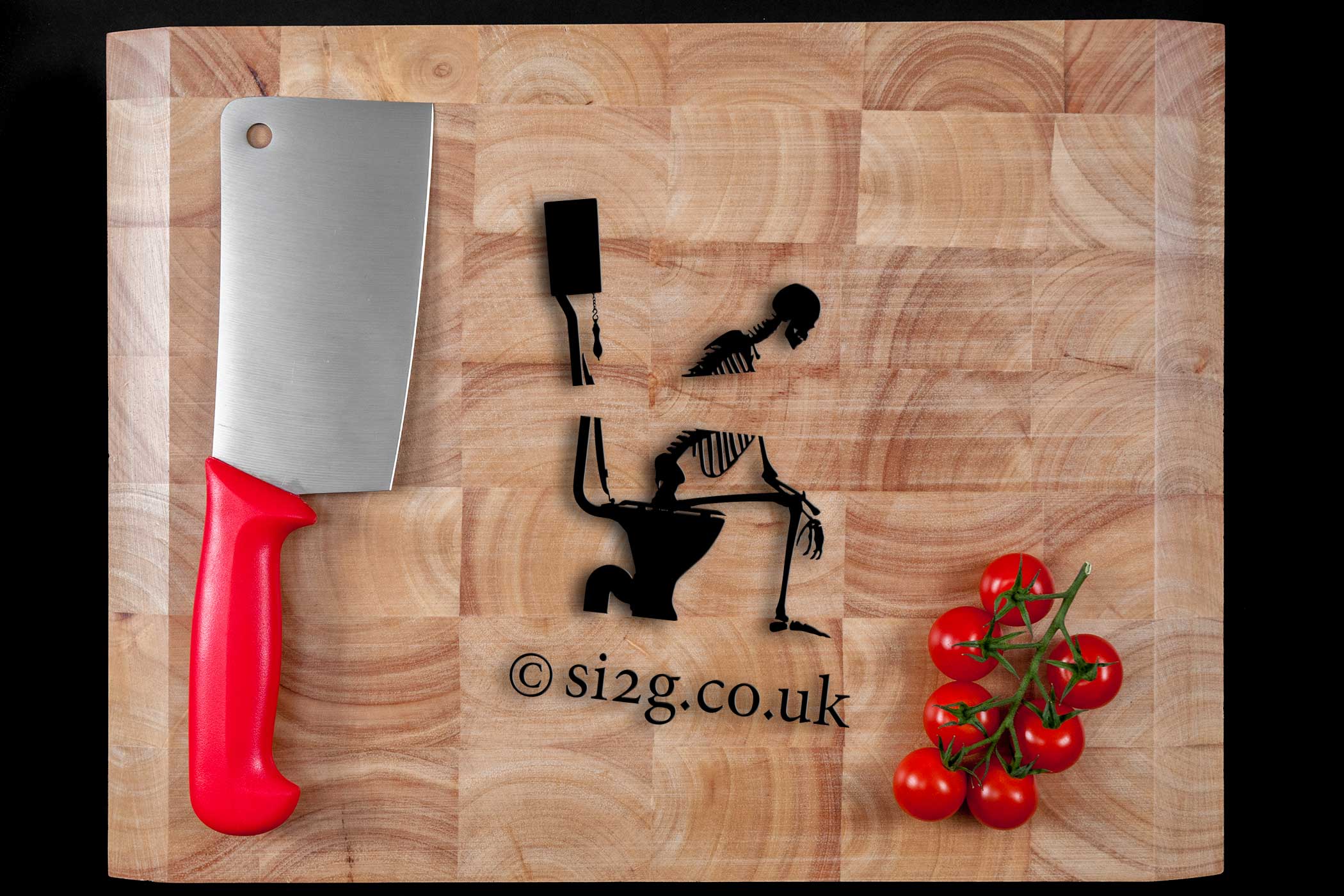 Chopping Board Graphic Background - We conceived this chopping board idea as a graphic background for a restaurant.  The empty board allowed a themed space for logos and text.  We removed the clients logo in this image but replaced it with our familiar skeleton logo to show you what it looked like.