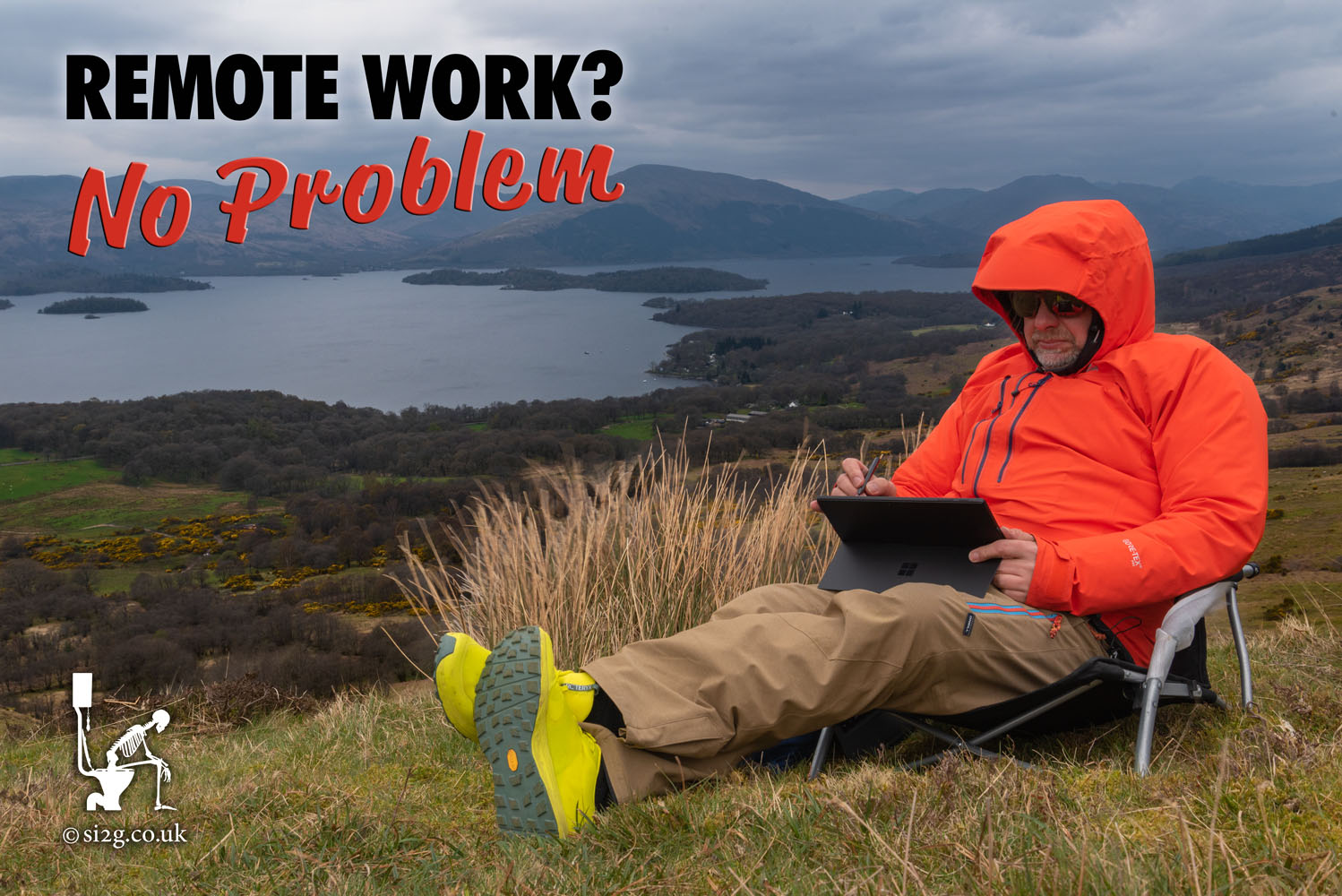 Remote Work - No Problem - A campaign for myself.  To demonstrate the ease of remote work I perched myself up on Conic Hill, overlooking Loch Lomond.