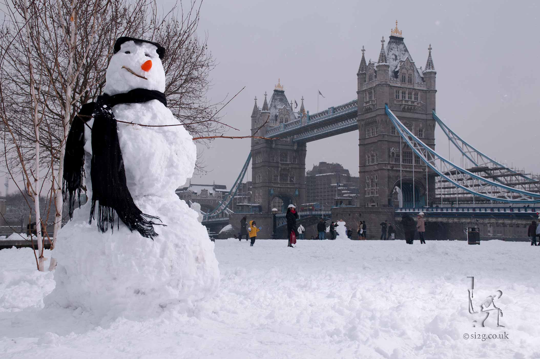 Snowman Tourist - One of our most popular photographs - a snowman visiting Tower Bridge in London.  This photo was taken on a rare occasion when the snow closed most of London.  The tubes were off and all but the most important roads were covered in deep snow.  We hiked for an hour and a half in knee-deep snow to reach Tower Bridge.