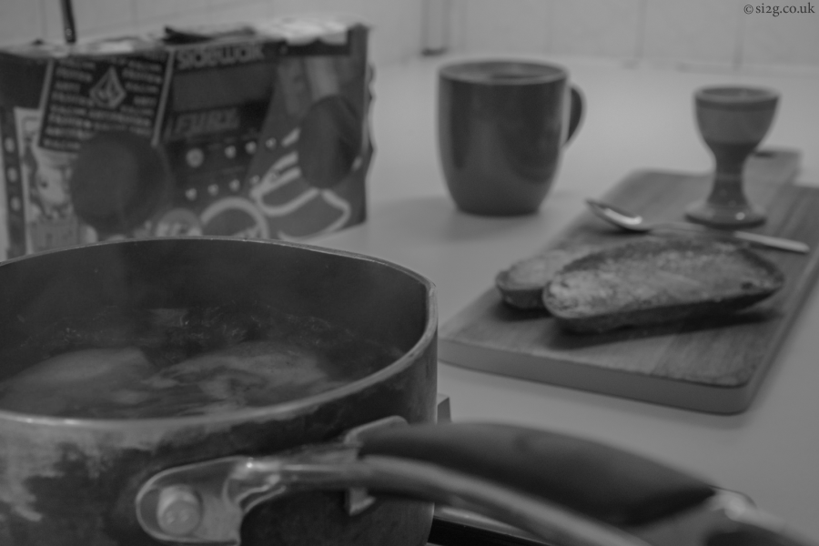 Morning Routine - Black and White kitchen scene with animated boiling eggs.