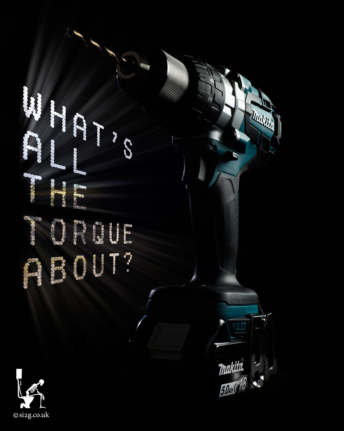 Whats All The Torque? - Photograph and copy for a review article.  The concept was to photograph the drill, make it look modern and design the text in some way to tie it together.  We decided upon using text that looks like holes drilled into the backdrop.  We back-light the photograph to make it look like it was illuminated be the light spilling in through the text.