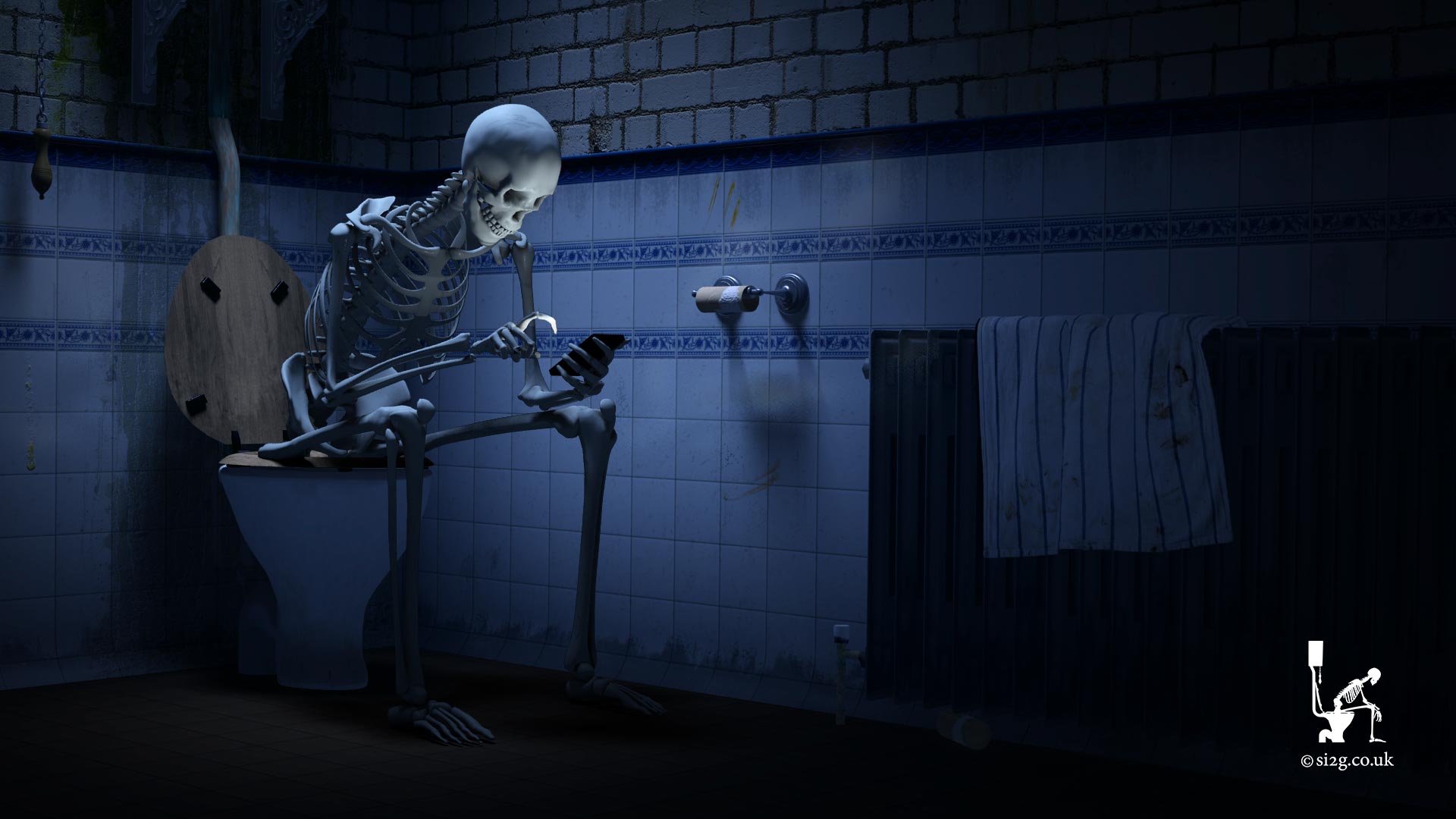 Skeleton on the Toilet - A frame from the Official S.i.2.G. company branding animation.  This concept was first developed in 1998 and was my company branding animation on the beginning of all the skateboard videos I made.  I wanted an animation that would become synonymous with my videos, like the search light branding animation 20th Century Fox have.  In 2004 I became self-employed in the TV post-production industry and launched S.i.2.G. using the same branding.  I continue to use the branding to this day and, every now and then, I update the animation using newer computer systems, software and techniques.